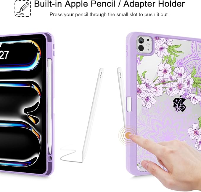 Mektron Case for M5/ M4 iPad Pro 11 inch 2025/2024 with Pencil Holder Compatible Models: A3357/A3358/A3359/A2836/A2837/A3006 Shockproof Cover Clear Shell Blossom Sakura-Purple
