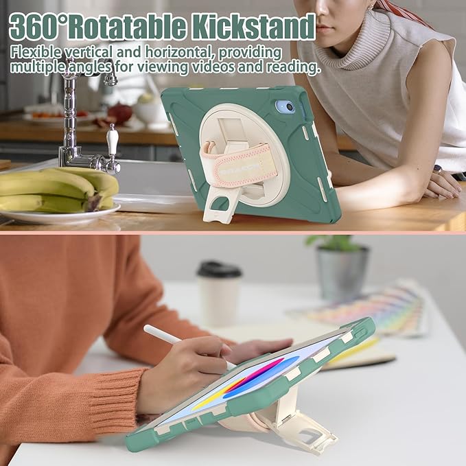 BRAECNstock Case for Apple iPad (A16) 11th/10th Generation 11/10.9'' 2025/2022 Shockproof Protective Case with Screen Protector Pencil Holder Rotating Stand&ampHand Strap Emerald Green