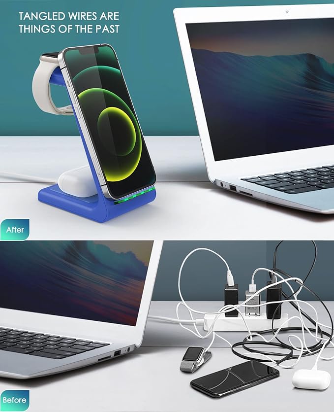 3 in 1 Wireless Charging Station 2026 Upgraded Fast Desk Charger Station for iPhone 17 16 15 14 13 12 Pro Max Plus Charger Stand for Apple Watch 10 9 8 7 6 5 4 3 2 SE Airpods 4 3 2 Pro(Blue)