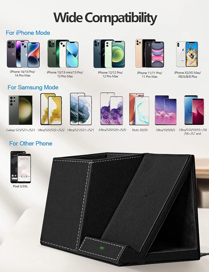 Pen Holder with Wireless Charger Compatible with iPhone 17/16/15/14/13/12/11/8 Series Pencil Holder Phone Stand for Desk Home Office Men Gift Husband Wife Anniversary Dad Birthday Idea Gadget