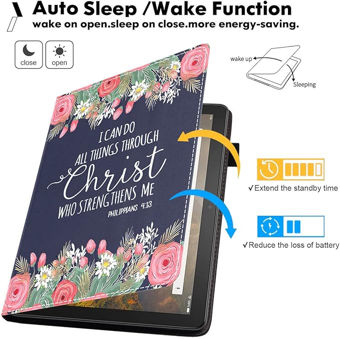Case for Amazon Kindle Fire HD 8 &amp Fire HD 8 Plus Tablet (12th/10th Gen 2022/2020 Release) Premium PU Leather Stand Cover with Smart Auto Wake Floral Quote Bible Verse Philippians 4:13