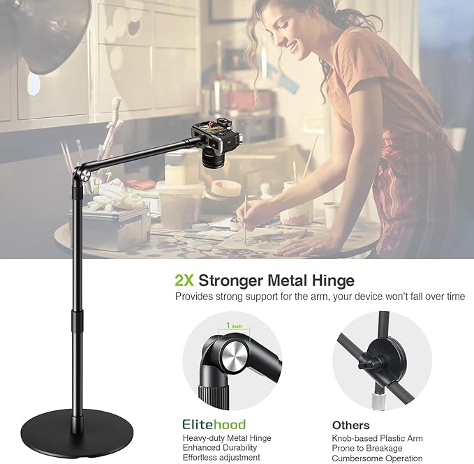 elitehood Overhead Phone Mount with Light for Video Recording Adjustable Desk Ring Light with Stand and Phone Holder Heavy Duty Overhead Camera Mount Tripod for iPhone Cooking Video Filming Meeting