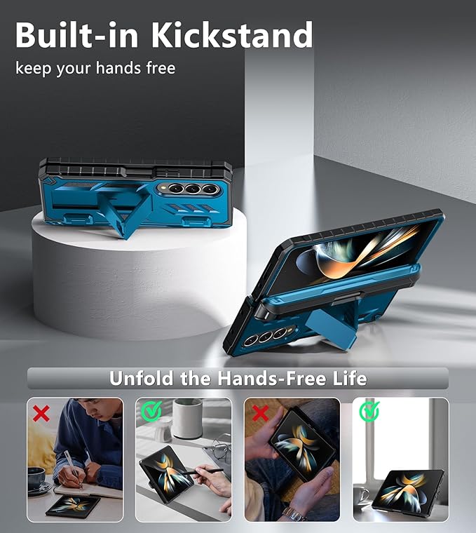 for Samsung Galaxy Z-Fold-4 Case: Military Grade Hinge Protection S-Pen Holder Heavy Duty Shockproof 360 Full-Body Protective Phone Cover with Kickstand for Galaxy ZFold 4 5G 2022 (Blue)