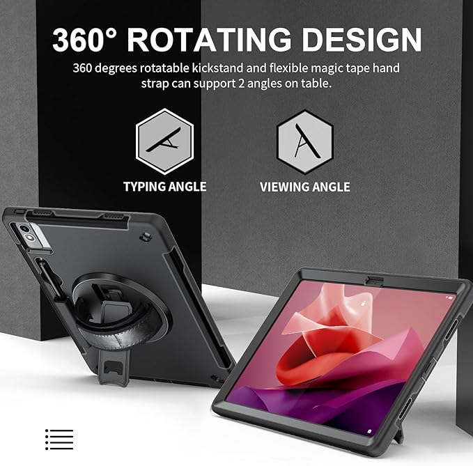 Junfire Protective Case for Lenovo Tab P12 12.7-inch 2024/2023 Shockproof Lenovo P12 Case with 360°Rotating Kickstand/Hand Strap/Shoulder Strap/Stylus Holder-Black