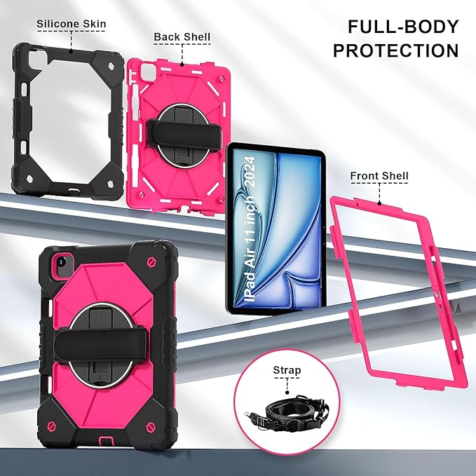 Tablet case for iPad Air 11 inch M2 2024 Tablet case for iPad Air 6th Generation(A2902 A2903 A2904) Hand Strap Shockproof Protective with 360° Rotate Kickstand Shoulder Black/Rose Red