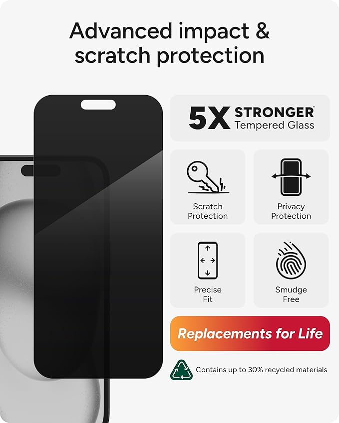 ZAGG Glass Elite Privacy iPhone 15 Screen Protector - 5X Stronger with Reinforced Edges 2-Way Privacy Filter Scratch &amp Smudge-Resistant Surface InvisibleShield Easy to Install