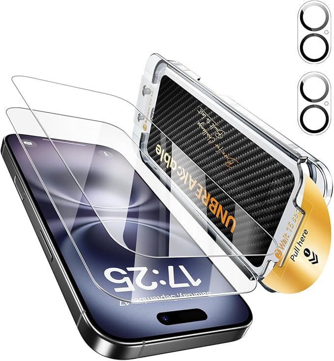 UNBREAKcable Top 9H+ Screen Protector for iPhone 16 Plus &amp Lens Protector (2+2 Pack) Military-Grade Shatterproof Tempered Glass [99% HD Clear] [Easy Install] Bubble-Free &amp Anti-Fingerprint-6.