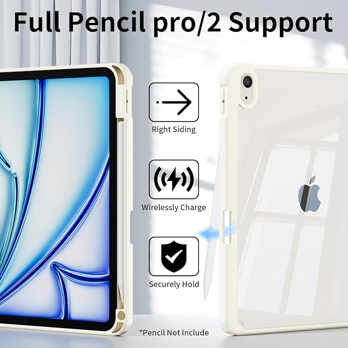 Case for iPad Air 11 Inch M4/M3/M2 2026/2025/2024 iPad Air 5th/4th Gen 10.9 Inch Case 2022/2020 with Pencil Holder Magnetic Detachable of Clear Back Cover Slim &amp Tri-Fold Cover Cream White