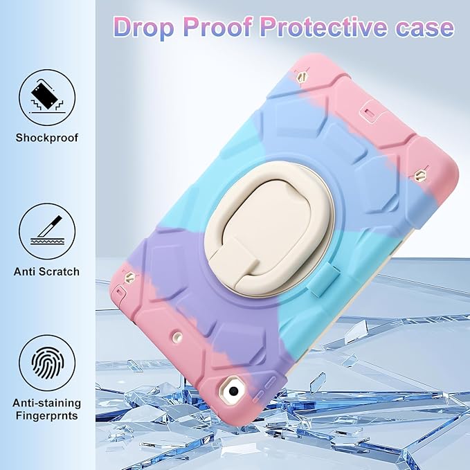 for iPad 9th/8th/7th Generation Case(2021/2020/2019)360°Rotating Handle Stand with[ Pencil Holder&ampShoulder Strap] Heavy Duty Shockproof Kids Cover for iPad 10.2 inch (Colorful Pink)