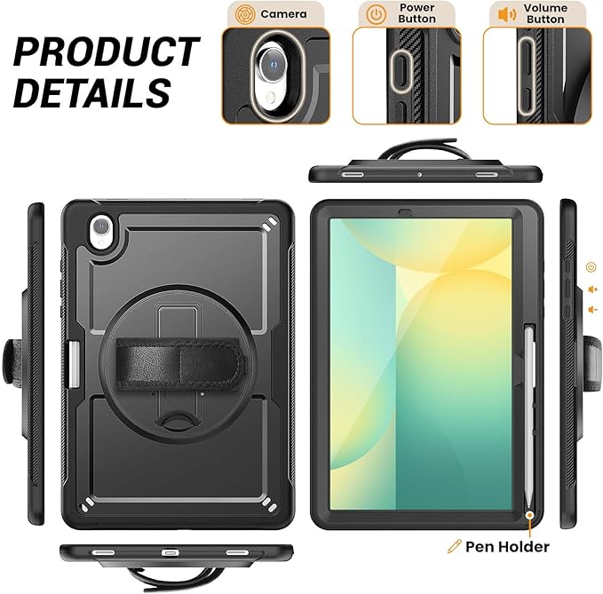 Case for Samsung Galaxy Tab S10 Lite / S10 FE / S9 FE 5G / S9 Tablet Case 10.9''/11'' Rugged Protective with Screen Protector Pen Holder 360°Rotate Hand Strap/Stand Shoulder Strap Black