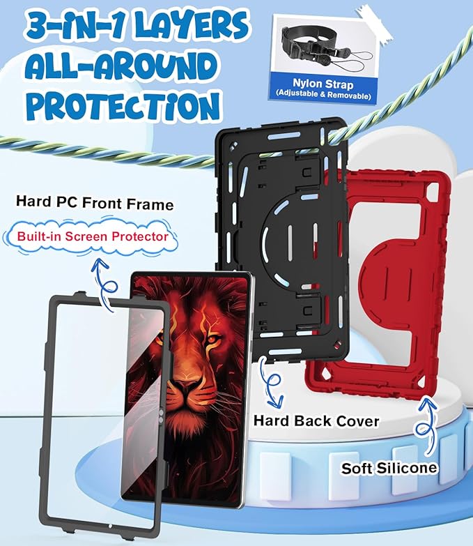 OKP Case for Samsung Galaxy Tab A9+ Plus 11 Inch 2023/ A11 Plus 2025 Shockproof Rugged 11 Galaxy A9+/ A11+ Tablet Protective Cover with Built-in Screen Protector Shoulder Strap Stand Red+Black