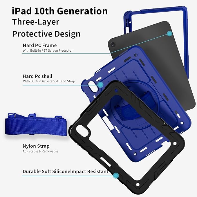 for iPad (A16) 11th/10th Generation Case 2025/2022 (11″/10.9″) Sturdy Heavy Duty Full-Body Shockproof Protective Case with Screen Protector Rotating Stand Hand/Shoulder Strap-Black+Dark Blue