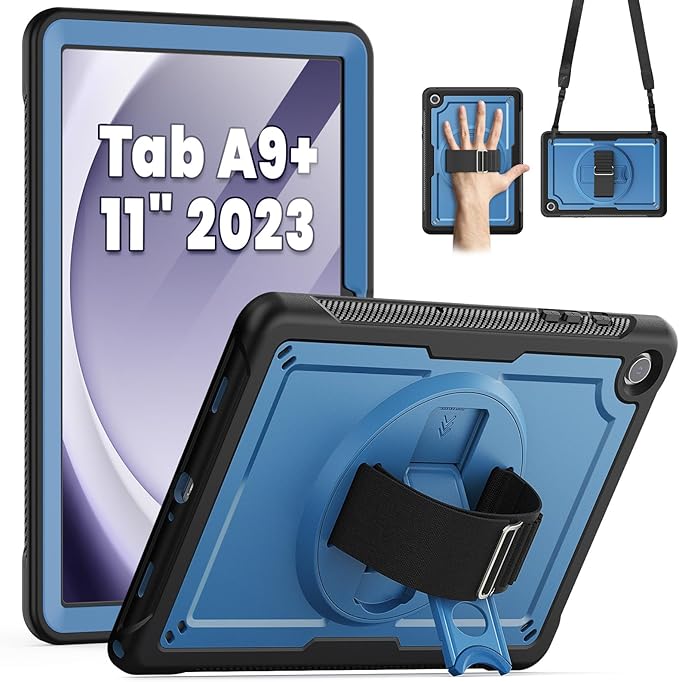 SEYMAC for Samsung Galaxy Tab A9+ Plus Case 11 2023 (SM-X210/X216/X218) Full-Body Shockproof Protective Case with Screen Protector Rotating Stand and Hand/Shoulder Strap Black/Navy Blue
