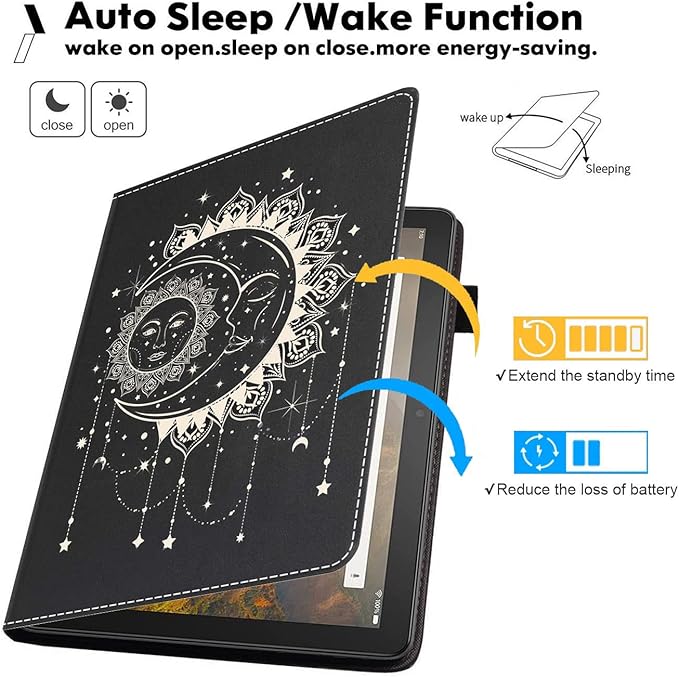 Case for Kindle Fire HD 8 &amp Fire HD 8 Plus Tablet (12th/10th Generation 2022/2020 Release) Premium PU Leather Stand Cover with Smart Auto Wake Celestial Theme Sun with Crescent Moon
