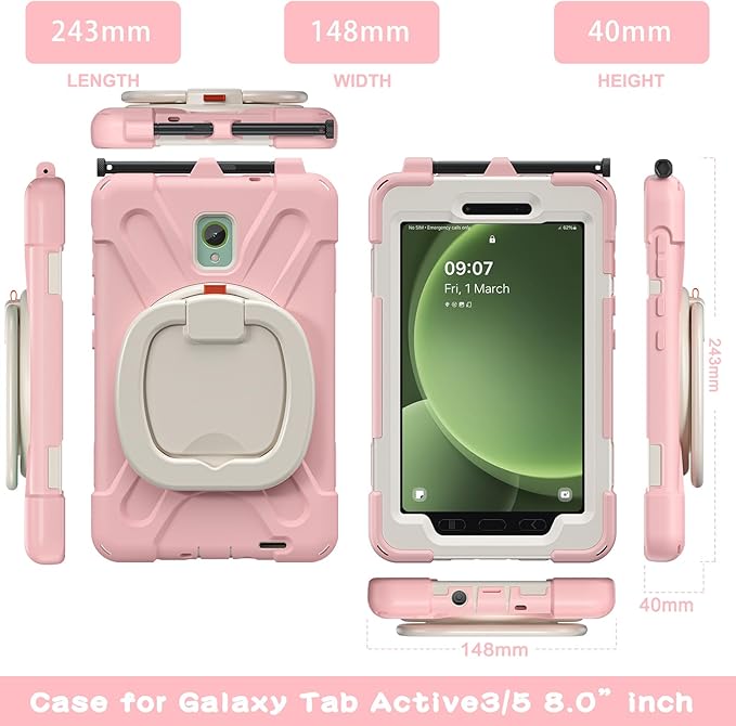 Rugged Case for Samsung Galaxy Tab Active5 5G (SM-X306B/X300) w/ 360° Rotating Hanging Ring Handle Grip Kickstand Heavy Duty Shock-Proof Armor Cover w/Shoulder Strap Stylus Holder (Pink)