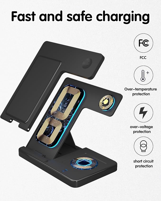 Wireless Charger 3 in 1 Fast Desk Charging Station for iPhone 16 15 14 13 12 Charging Stand Dock for Apple Watch &amp AirPods