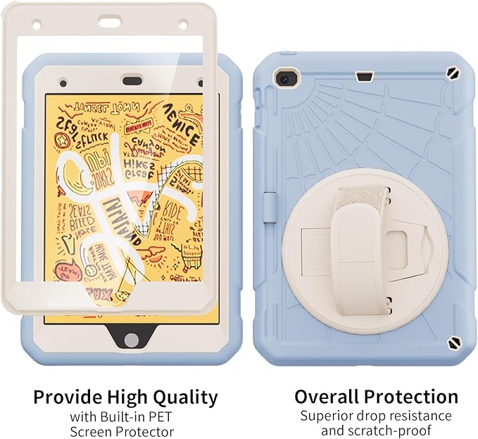 Case for iPad mini 5/4 with Screen Protector Pencil Holder [360 Rotating Hand Strap] &amp Stand Drop-Proof Case for iPad mini 5th/4th Generation 7.9 inch(Ice Blue)