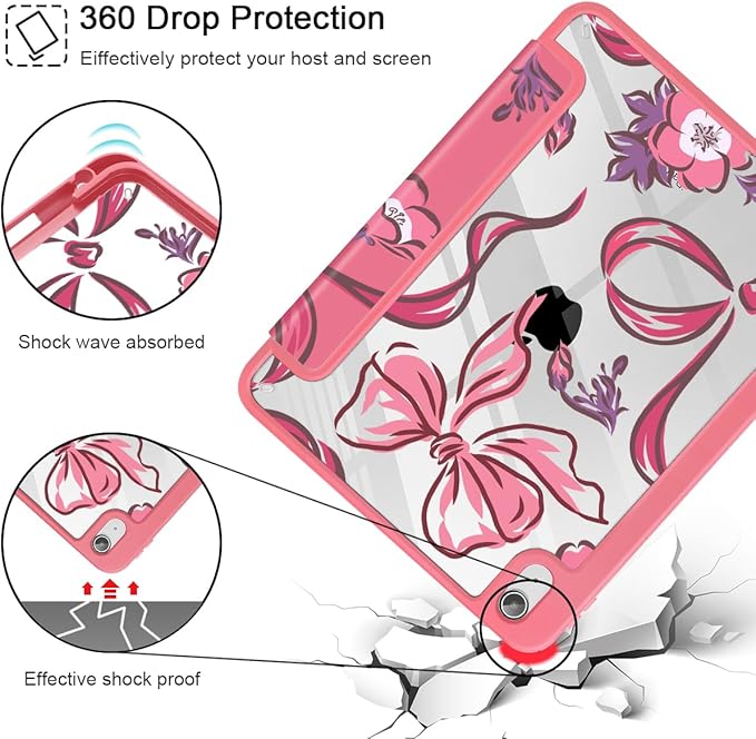 Mektron Case for 2026 iPad Air 13 inch M4 Cover Compatible 2025 iPad Air 13 inch M3 2024 iPad Air 13 inch M2 with Pencil Holder Shockproof Clear Shell Flowers-Bows-Red