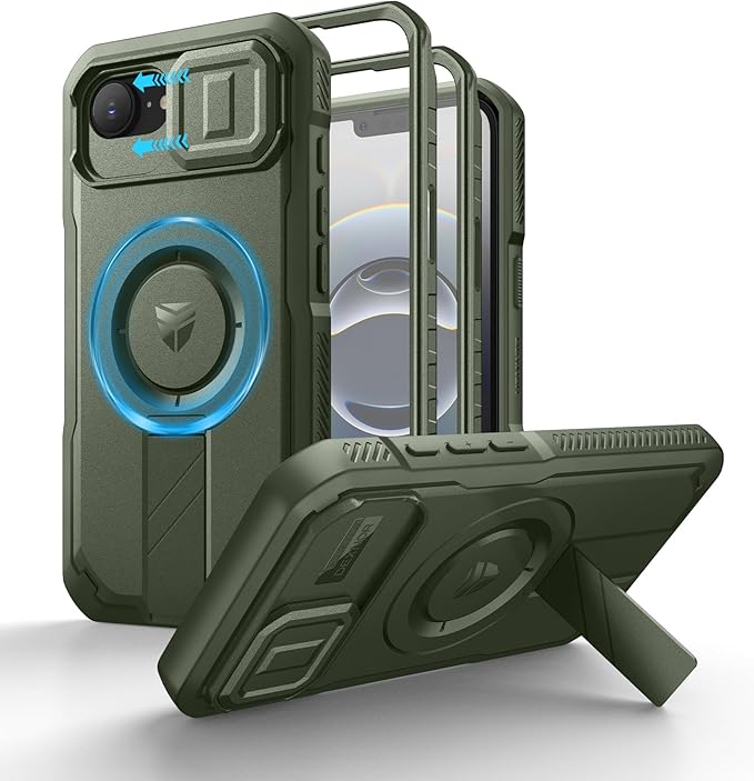 Dexnor for iPhone 17e Case iPhone 16e Case [2 Front Frame &amp Built-in Slide Camera Cover &amp Kickstand] Compatible with MagSafe Heavy-Duty iPhone 17e/16e Case with Screen Protector 6.1'' Army