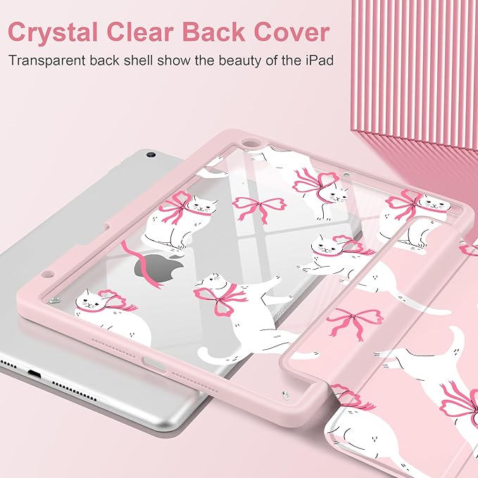 MEEgoodo Case for iPad 10.2 inchTablet Cases for iPad 9th Generation 2021/8th Gen 2020/7th Gen 2019 with Clear Acrylic Back Shell+Pencil Holder+Auto Wake/Sleep+Trifold StandCute White Cats &amp Bow