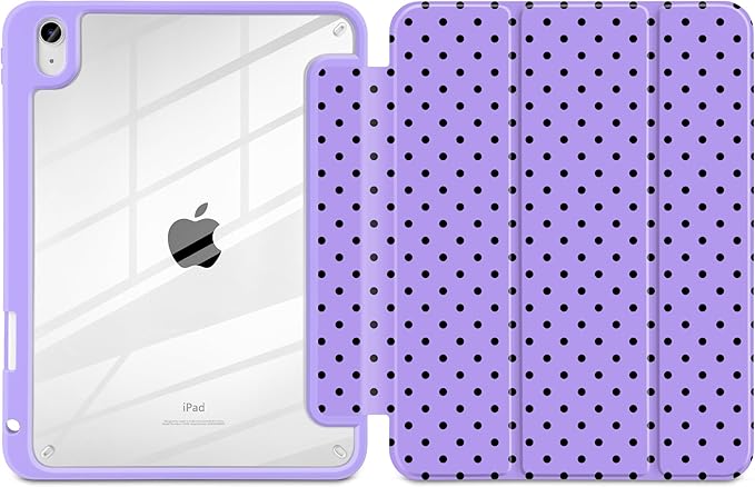 Case for iPad A16 11th Generation 11 inch 2025 iPad 10th Generation 10.9 inch 2022 -[Built-in Pencil Holder] Shockproof Clear Hard Back Trifold Stand Auto Wake/Sleep Purple Polka dot