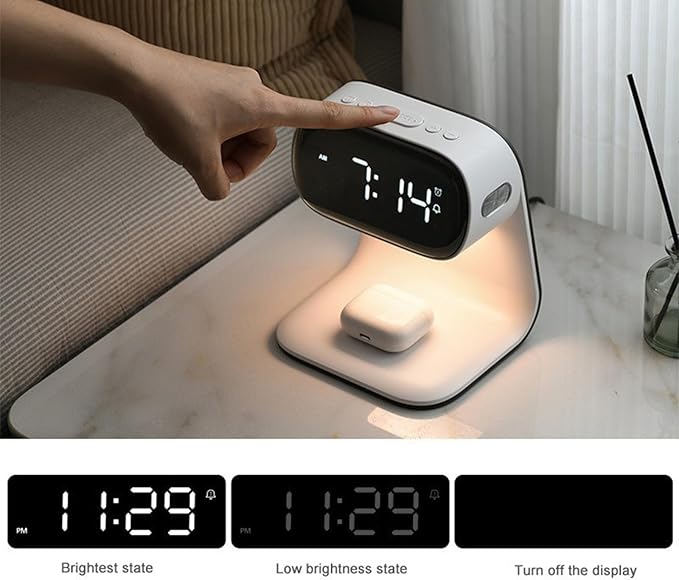 Wireless Charger Alarm Clock Featuring Wireless Charging Clock Alarm 3-Level Lighting 15W Fast Wireless Charging and Compatibility with All Qi-Enabled Devices A40 White.