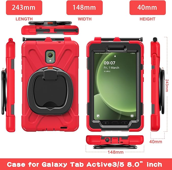 Rugged Case for Samsung Galaxy Tab Active5 5G (SM-X306B/X300) w/ 360° Rotating Hanging Ring Handle Grip Kickstand Heavy Duty Shock-Proof Armor Cover w/Shoulder Strap Stylus Holder (Red)