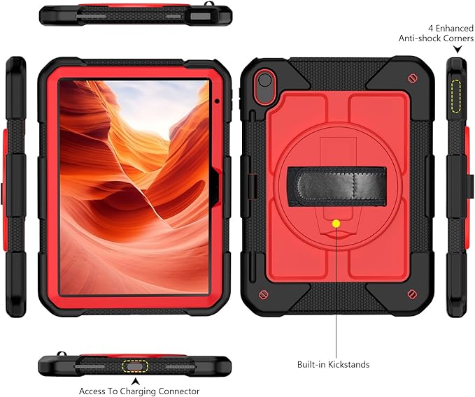 MENZO Case for iPad A16 11th Generation 11 Inch 2025 iPad 10th Gen 2022 10.9 inch 360° Rotating Stand Built-in Pencil Holder Convenient Hand and Shoulder Strap Durable Shockproof Black+Red