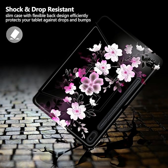 Case for Samsung Galaxy Tab S9 Plus/X810/X816B/X818U/S9 FE Plus 12.4inch Pink White Flowers Theme 360 Degree Rotating Stand Smart Protective Cover for Samsung S9 Plus Tablet
