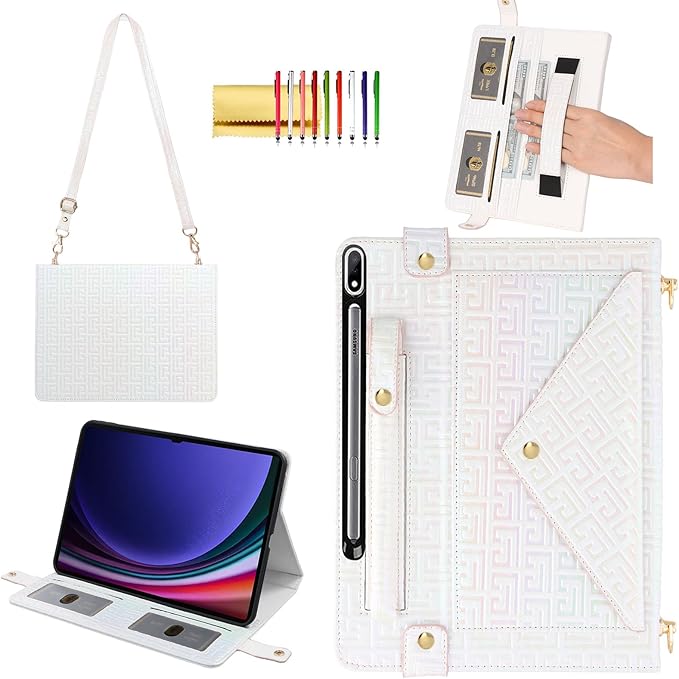 Shiny Case for Samsung Galaxy Tab S7/S8/S9/S9 FE/S10 FE 10.9 11 Handbag Techcircle Crossbody Iridescent Folio Stand Wallet Case with Pen Holder+Card Slots+Hand Strap+Shoulder Strap Shiny White