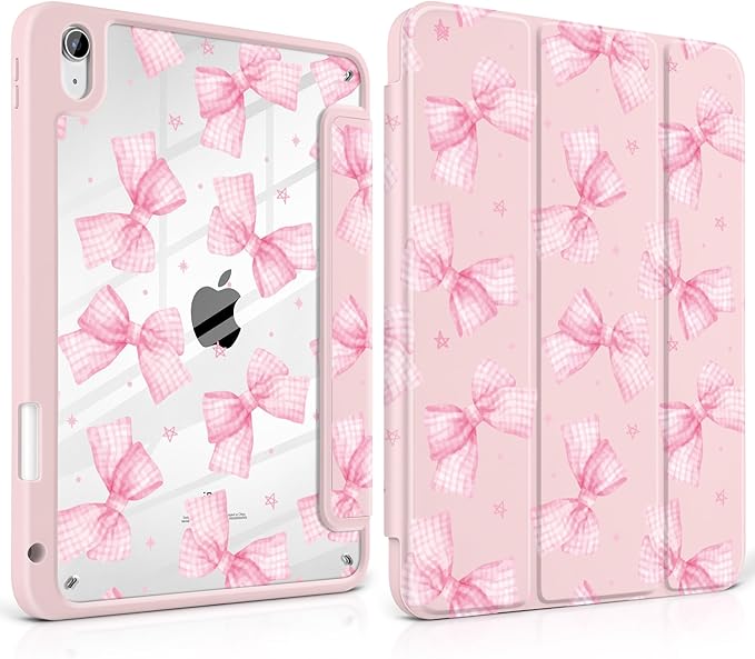 DONGKE Case for iPad (A16) 11th Generation 11 inch 2025 &amp iPad 10th Gen 10.9 inch 2022 [Built-in Pencil Holder] Clear Acrylic Back Trifold Stand Smart Cover Auto Sleep/Wake Gingham Bows