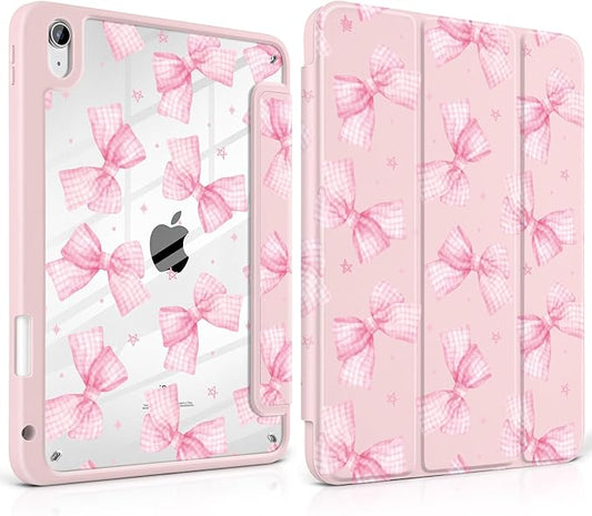 DONGKE Case for iPad (A16) 11th Generation 11 inch 2025 &amp iPad 10th Gen 10.9 inch 2022 [Built-in Pencil Holder] Clear Acrylic Back Trifold Stand Smart Cover Auto Sleep/Wake Gingham Bows