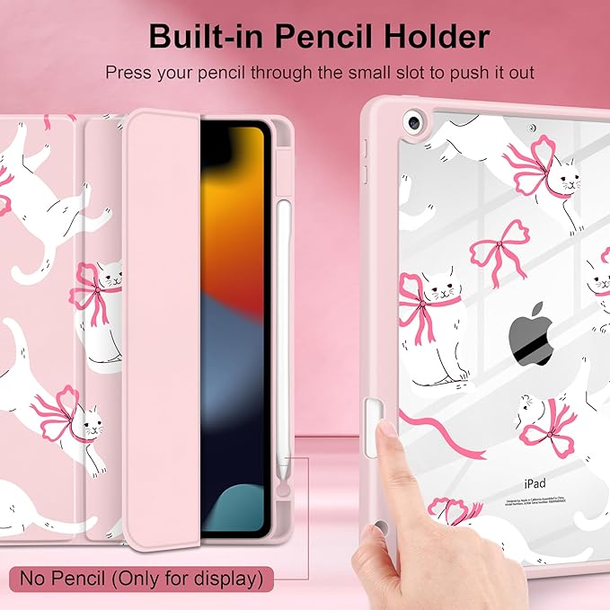 MEEgoodo Case for iPad 10.2 inchTablet Cases for iPad 9th Generation 2021/8th Gen 2020/7th Gen 2019 with Clear Acrylic Back Shell+Pencil Holder+Auto Wake/Sleep+Trifold StandCute White Cats &amp Bow