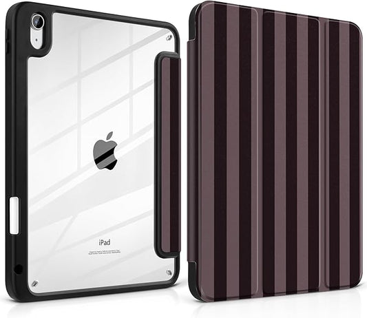 DONGKE Case for iPad (A16) 11th Generation 11 inch 2025 &amp iPad 10th Gen 10.9 inch 2022 [Built-in Pencil Holder] Clear Acrylic Back Trifold Stand Smart Cover Auto Sleep/Wake Brown Stripes
