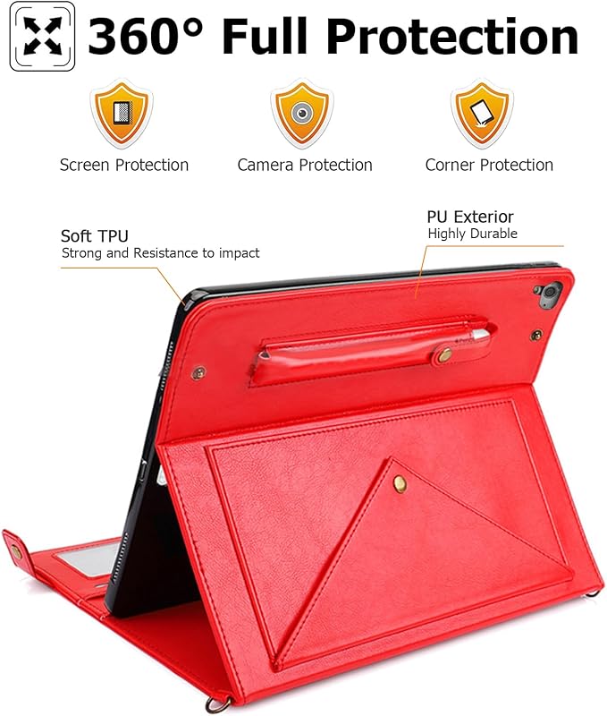 Dteck Case for iPad 6th/5th Generation 9.7 Inch 2018/2017/iPad Air 2/1Premium PU Leather Business Folio Stand Smart Auto Wake/Sleep Cover Shoulder/Hand Strap Pencil Holder Wallet CaseRed
