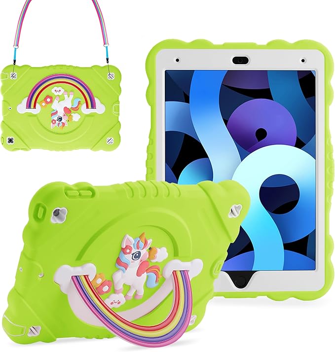 XZC Case for iPad 9th/8th/7th Generation 2021/2020/2019(10.2 inch) Unicorn Cute Cover Heavy Duty Shockproof Protective Case with Built-in Stand Strap for Kids Girls Women (Green)