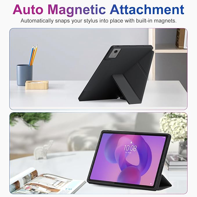 Case for Lenovo Idea Tab Plus 12.1 Inch – Multi-Angle Stand PU Leather Soft Cover with Hidden Pencil HolderSlim Lightweight Back Protective Folio Case ShockproofAnti-Scratch[Black]