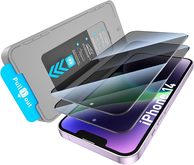 2 Pack Privacy Screen Protector for iPhone 14 9H+ Tempered Glass Anti Spy Private Film Easy Installation Auto Alignment Dust Removal Military-Grade Protection Bubble-Free