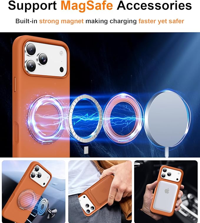 STERKER 360° Rotatable Stand Compatible with iPhone 17 Pro Case with Magnetic [Military Grade Drop Tested][Adjustable Kickstand] Ring Holder Silicone Slim Back Soft Edge Orange