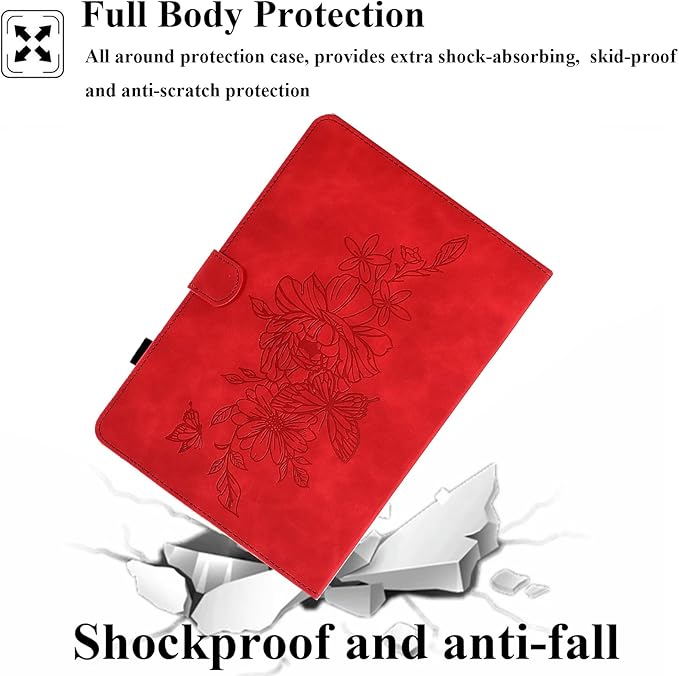 Folio Case for Amazon Kindle Fire HD 8/Fire HD 8 Plus (12th/10th Generation 2024/2022/2020) 8 with Stand/Pencil Holder [Auto Sleep/Wake] Embossed PU Leather Smart Cover Red Butterfly Flower