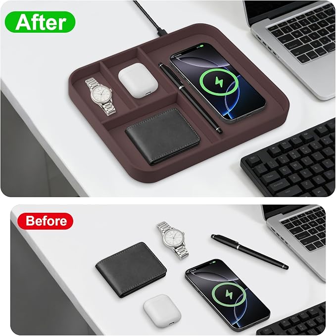 Faux Leather Valet Traywith 2 in 1 Wireless Charging Compatible with iPhone/17/16/15/15 Plus/15 Pro/15 Pro Max/14/13/12/Wireless earphonesOffice/Home Desk Organizers Tray-Brown
