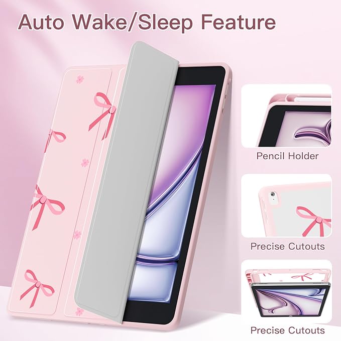 Teryeefi Case for iPad 9th Generation (2021) / 8th Generation (2020) / 7th Gen (2019) 10.2 Inch Kickstand PU + PC Clear Hard Shell Back Cover Protective Case with Built-in Pencil Holder (Pink Bow)