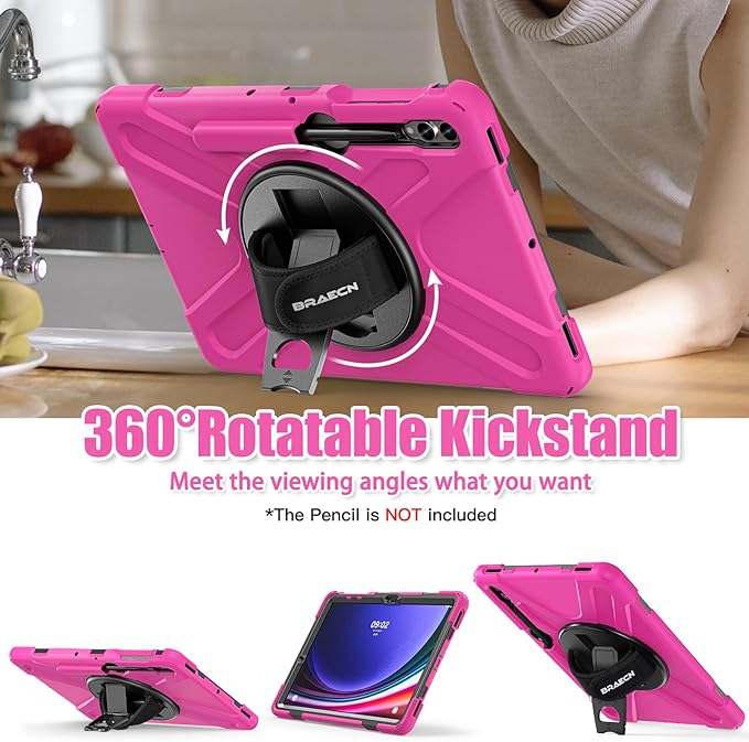 BRAECNstock for Samsung Galaxy Tab S10+ Plus/ S9 FE+ Plus/ S9+ Plus/ S8+ Plus/ S7 FE/ S7+ Plus 5G Tablet Case 12.4 Shockproof Protective Cover with Pen Holder Rotating Hand Strap &amp Stand - Rose R