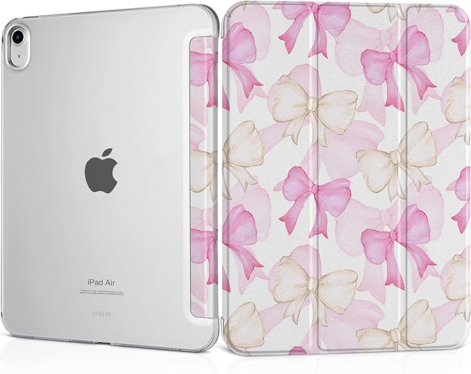 MEEgoodo for M4/M3/M2 iPad Air 11 inch Case 2026 2025 2024Case for iPad Air 5th/4th Generation 10.9 inch 2022 2020 Tablet Cover with Silk Texture &amp PC Clear Back Cover White &amp Pink Bows
