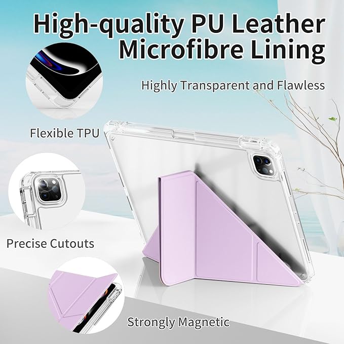 kenke Case for iPad Air 13 Inch (M3 2025/M2 2024) iPad Pro 12.9 Inch 6th/5th Generation (2022/2021) with Pencil Holder Y Folding Stand Cover with Hard Clear PC Back Support Touch ID Light Purple