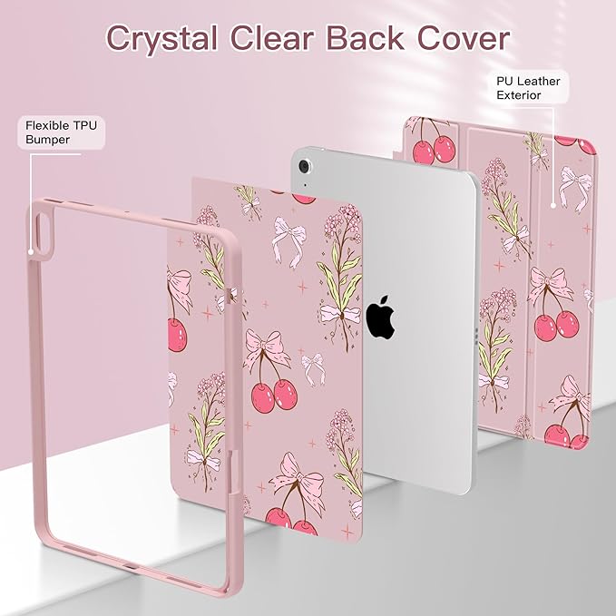 Teryeefi Case for 2025 iPad 11th Generation 11 inch (A16 Chip) &amp iPad 10th Generation 10.9 inch (2022) with Pencil Holder [Auto Wake/Sleep]Premium Stand Case with Soft TPU Back Cover - Cherry Bow