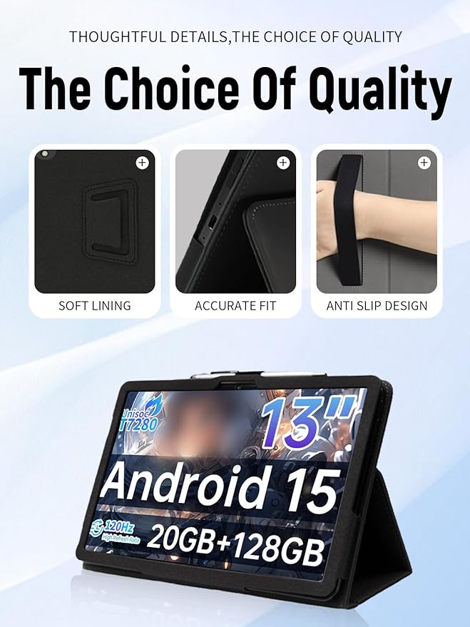 for TECLAST T65 13.4 Inch Tablet Case PU Leather Folding Cover with Pen Holder and Wrist Strap Business Travel Portable (Black)
