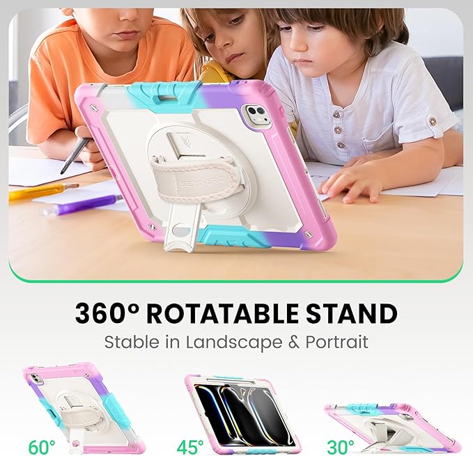 SEYMAC Case for iPad Pro 13 Inch M5 2025 / M4 2024 Heavy Duty Shockproof Protective Case with Screen Protector 360° Rotating Stand Hand/Shoulder Strap and Pen Holder Colorful/Pink