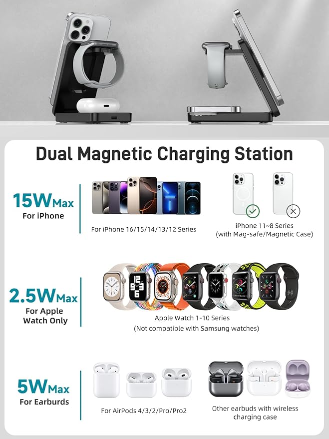 Wireless Charger for Apple Charging Station Dual MagSafe Charger for iPhone 17/17 Pro/17 Pro/iPhone 16 Pro Max//AirPods 3 in 1 Foldable iPhone Charging Station Watch Charger for Apple iWatch Series