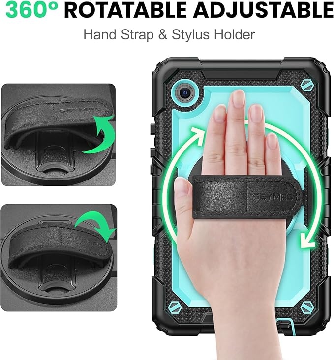 SEYMAC for Samsung Galaxy Tab A9 Case 8.7″ 2023 (SM-X110/X115/X117) Heavy Duty Shockproof Protective Case with Screen Protector Rotating Stand Hand/Shoulder Strap and Pen Holder Light Blue
